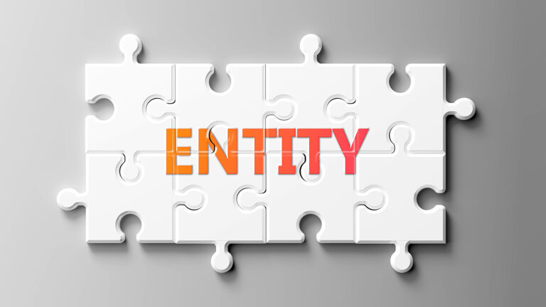 Entity complex like a puzzle - pictured as word Entity on a puzzle pieces to show that Entity can be difficult and needs cooperating pieces that fit together, 3d illustration